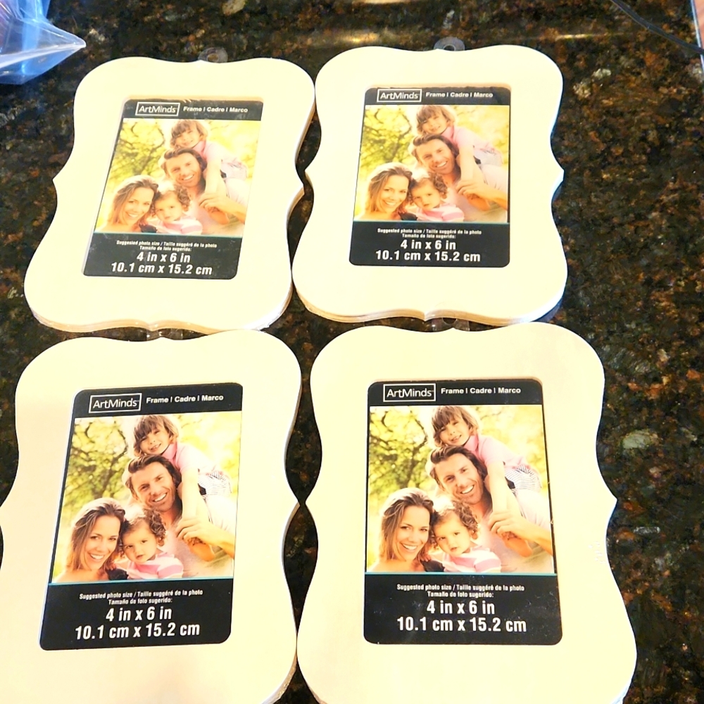 Four new, unused 4x6 picture frame in wood to be painted or used for crafting.